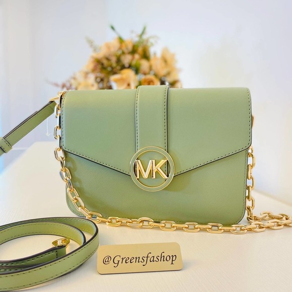 Michael Kors Carmen Medium Monogram Flap Crossbody leather Light Sage - Picture 2 of 9